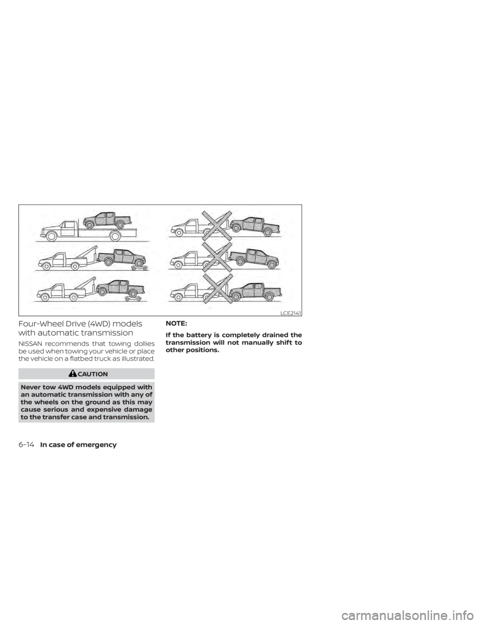 NISSAN TITAN 2021  Owner´s Manual Four-Wheel Drive (4WD) models
with automatic transmission
NISSAN recommends that towing dollies
be used when towing your vehicle or place
the vehicle on a flatbed truck as illustrated.
CAUTION
Never t