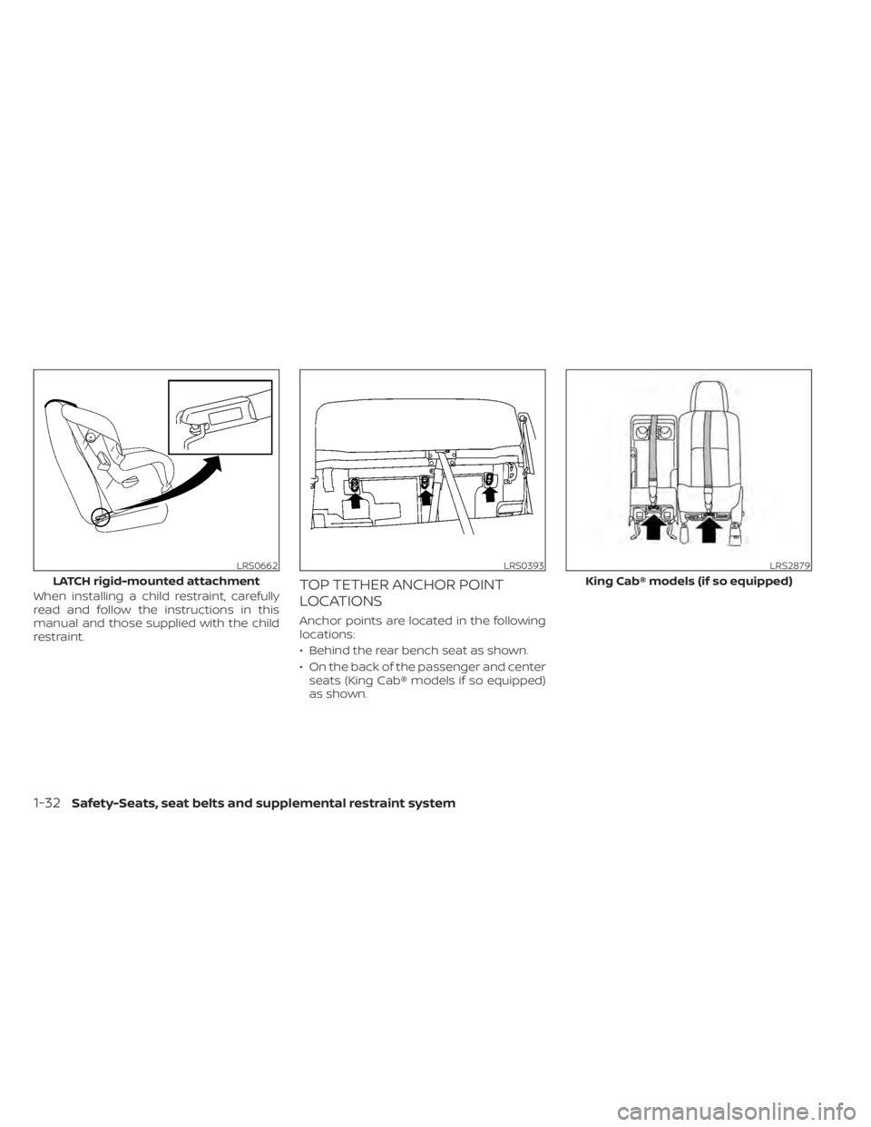NISSAN TITAN 2021  Owner´s Manual When installing a child restraint, carefully
read and follow the instructions in this
manual and those supplied with the child
restraint.TOP TETHER ANCHOR POINT
LOCATIONS
Anchor points are located in 