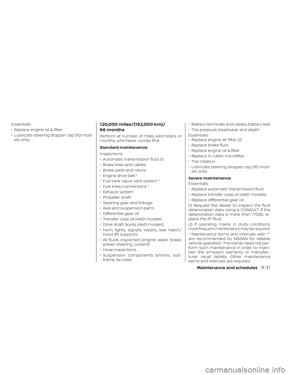 NISSAN TITAN 2021  Owner´s Manual Essentials:
• Replace engine oil & filter
• Lubricate steering stopper cap (XD mod-els only)120,000 miles/(192,000 km)/
96 months
Perform at number of miles, kilometers or
months, whichever comes 