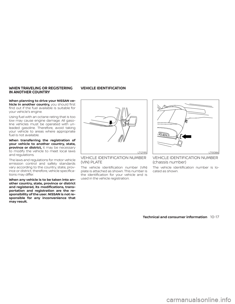 NISSAN TITAN 2021  Owner´s Manual When planning to drive your NISSAN ve-
hicle in another country,you should first
find out if the fuel available is suitable for
your vehicle's engine.
Using fuel with an octane rating that is too
