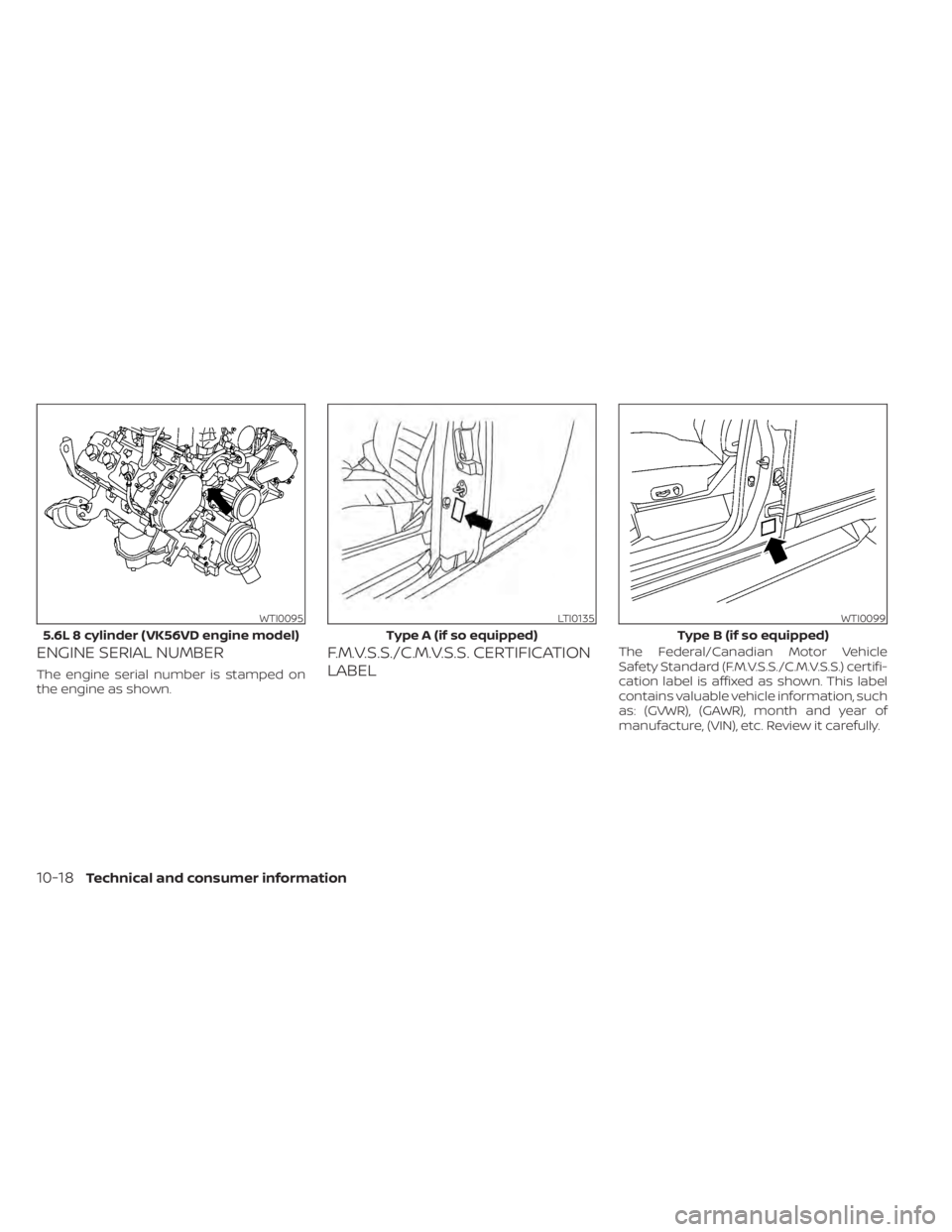NISSAN TITAN 2021  Owner´s Manual ENGINE SERIAL NUMBER
The engine serial number is stamped on
the engine as shown.
F.M.V.S.S./C.M.V.S.S. CERTIFICATION
LABELThe Federal/Canadian Motor Vehicle
Safety Standard (F.M.V.S.S./C.M.V.S.S.) cer