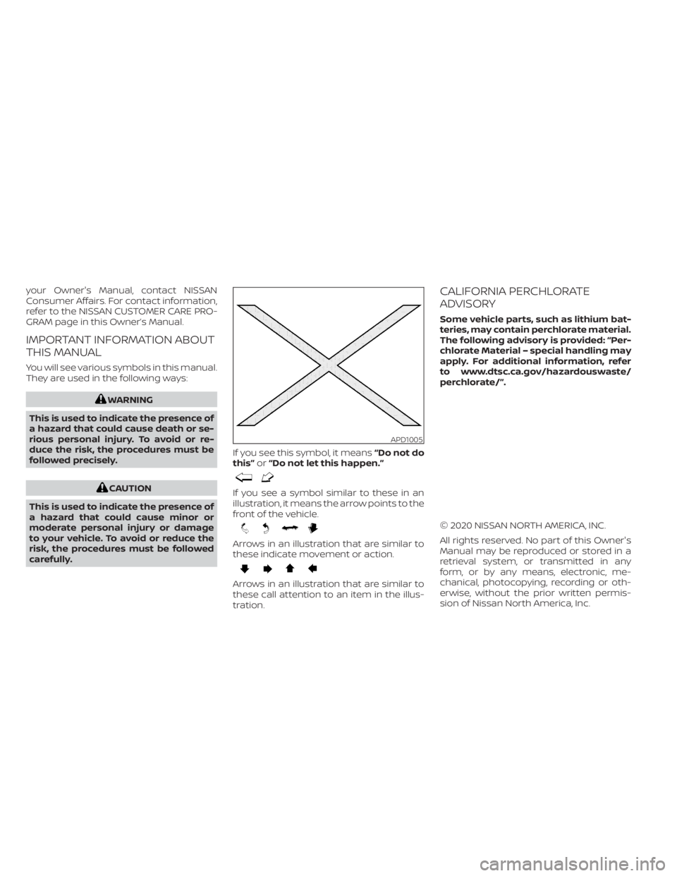 NISSAN TITAN 2021  Owner´s Manual your Owner's Manual, contact NISSAN
Consumer Affairs. For contact information,
refer to the NISSAN CUSTOMER CARE PRO-
GRAM page in this Owner’s Manual.
IMPORTANT INFORMATION ABOUT
THIS MANUAL
Yo