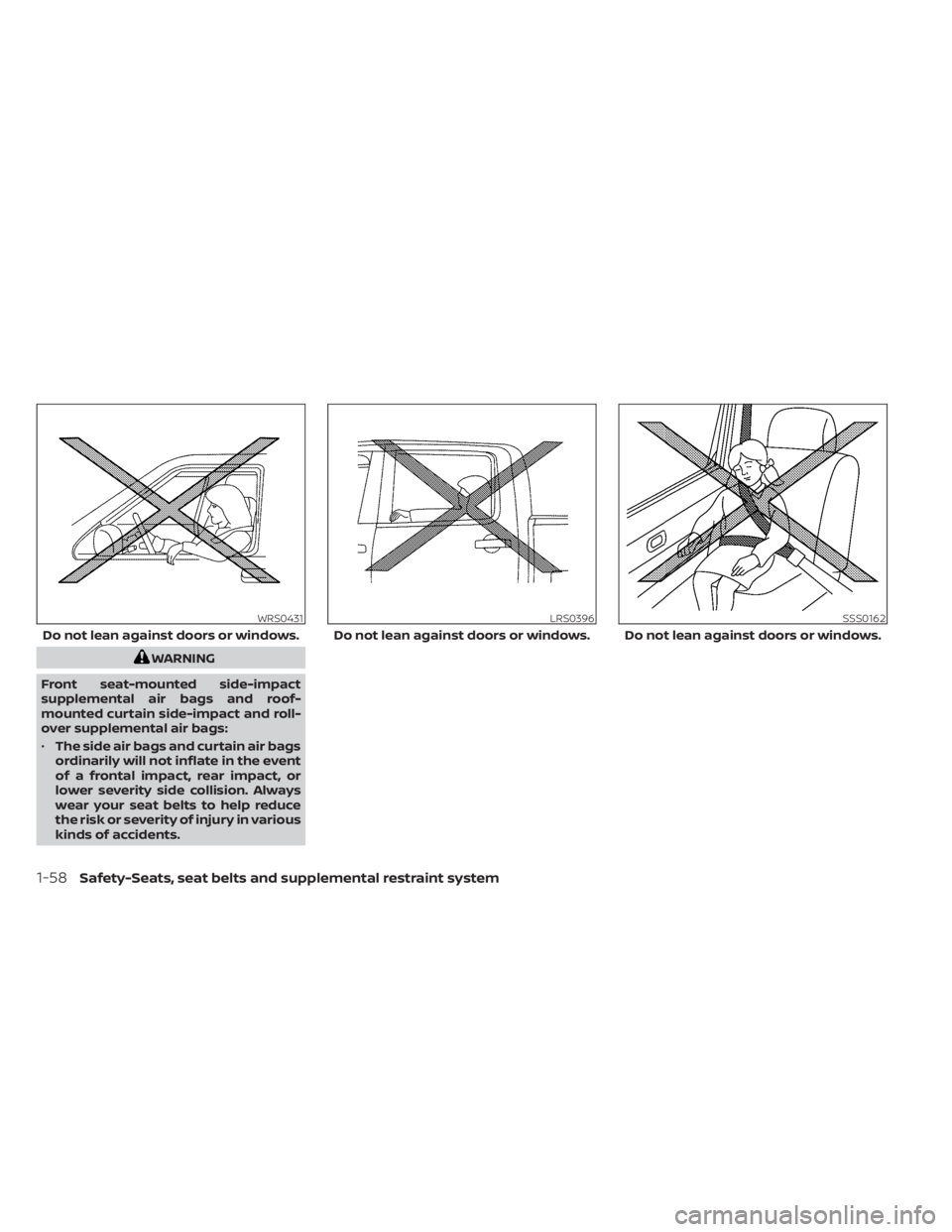 NISSAN TITAN 2021  Owner´s Manual WARNING
Front seat-mounted side-impact
supplemental air bags and roof-
mounted curtain side-impact and roll-
over supplemental air bags:
• The side air bags and curtain air bags
ordinarily will not 