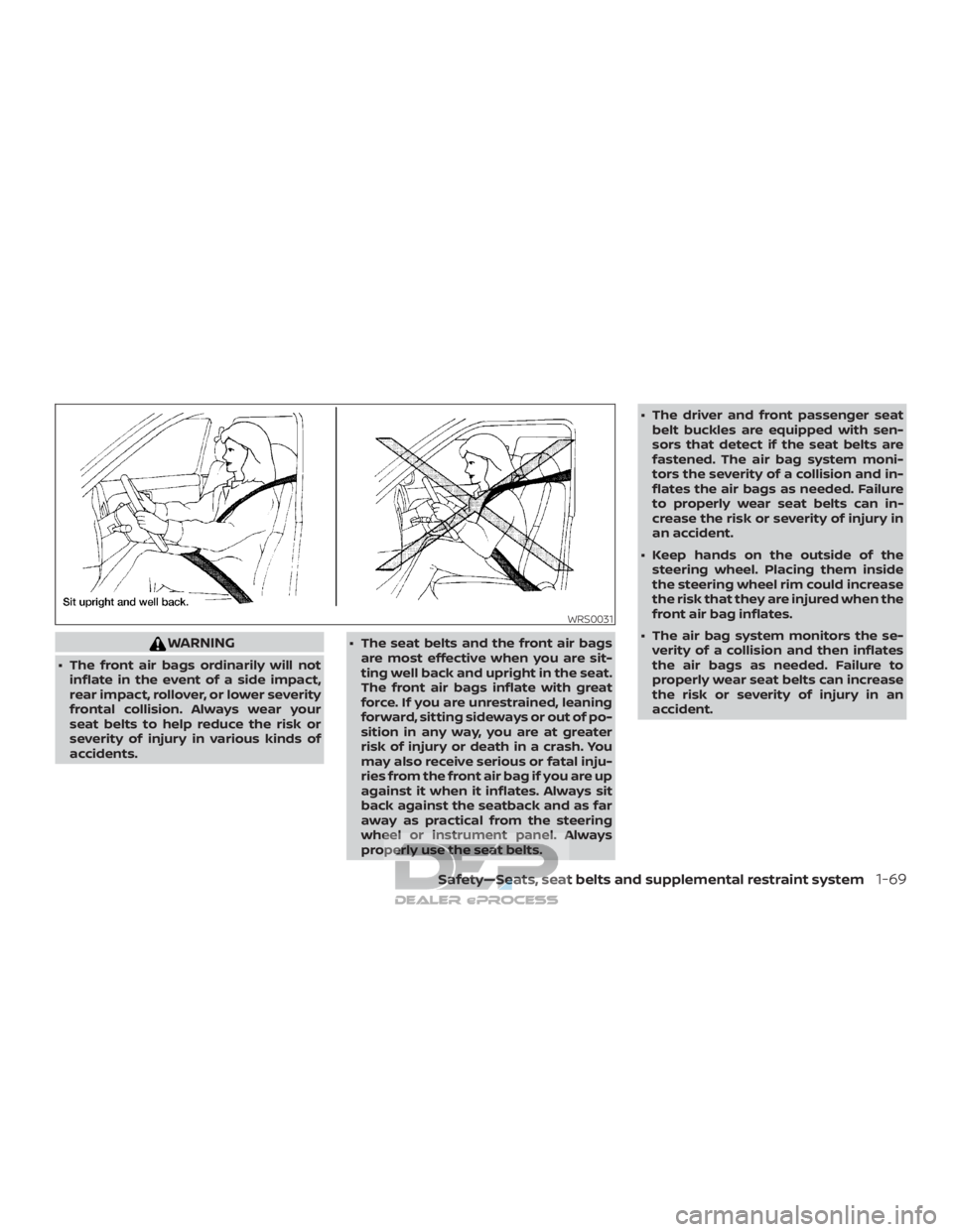 NISSAN TITAN 2019  Owner´s Manual WARNING
∙ The front air bags ordinarily will notinflate in the event of a side impact,
rear impact, rollover, or lower severity
frontal collision. Always wear your
seat belts to help reduce the risk