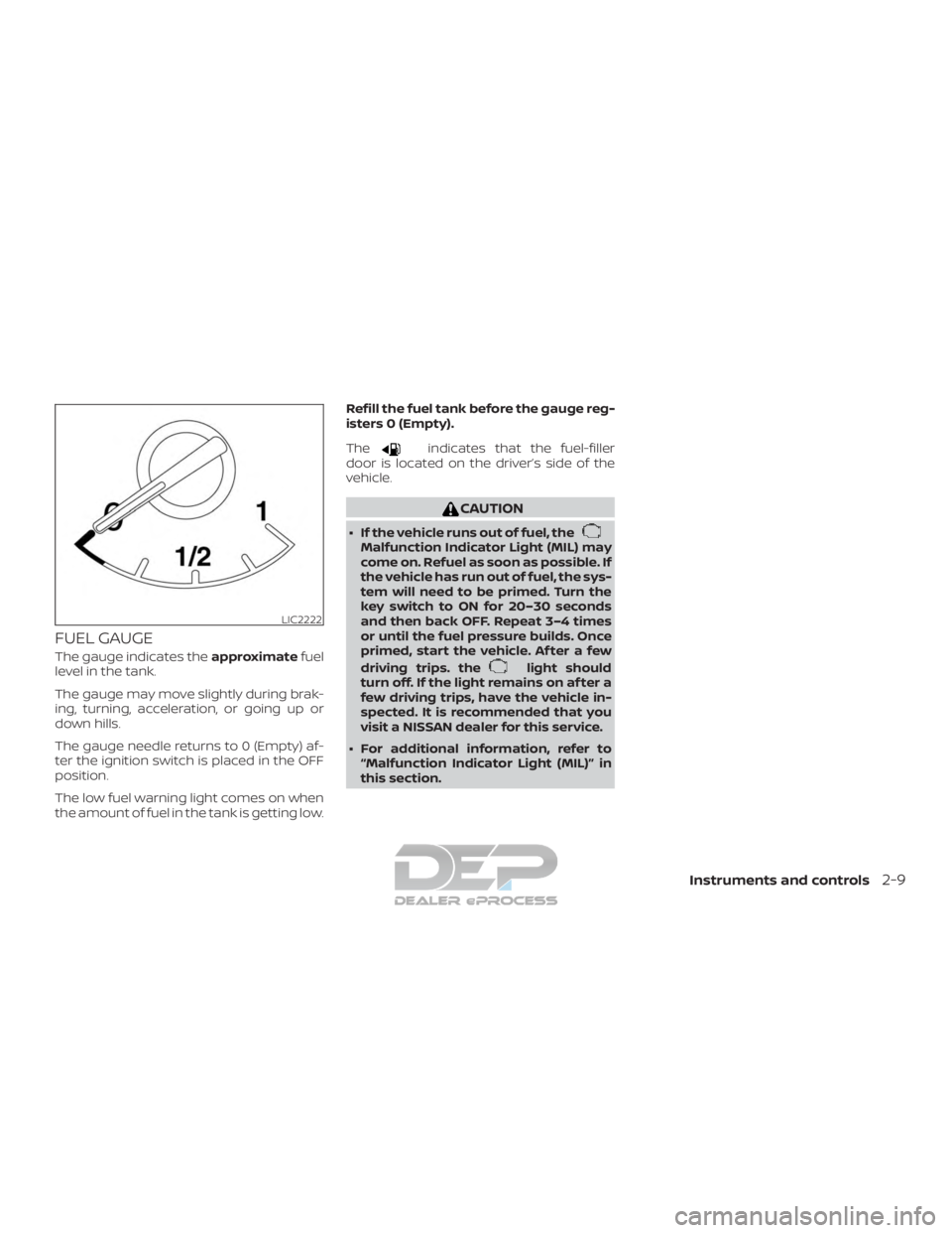 NISSAN TITAN 2019  Owner´s Manual FUEL GAUGE
The gauge indicates theapproximatefuel
level in the tank.
The gauge may move slightly during brak-
ing, turning, acceleration, or going up or
down hills.
The gauge needle returns to 0 (Empt