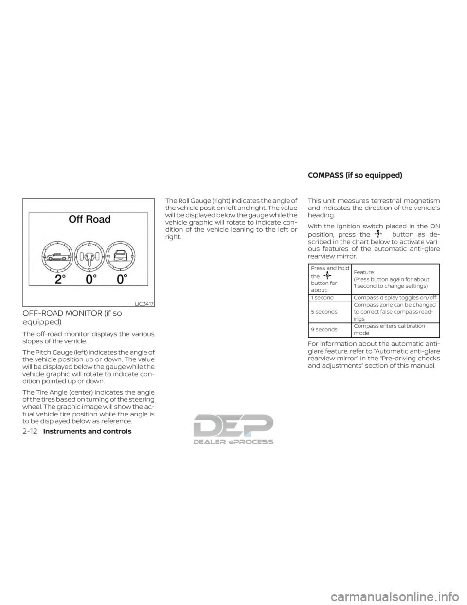 NISSAN TITAN 2019  Owner´s Manual OFF-ROAD MONITOR (if so
equipped)
The off-road monitor displays the various
slopes of the vehicle.
The Pitch Gauge (lef t) indicates the angle of
the vehicle position up or down. The value
will be dis