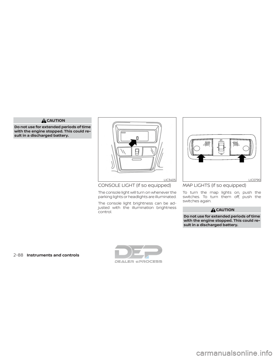 NISSAN TITAN 2019  Owner´s Manual CAUTION
Do not use for extended periods of time
with the engine stopped. This could re-
sult in a discharged battery.
CONSOLE LIGHT (if so equipped)
The console light will turn on whenever the
parking