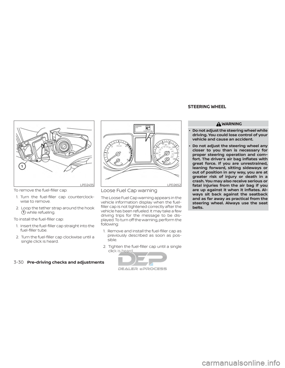 NISSAN TITAN 2019 Owner´s Manual To remove the fuel-filler cap:1. Turn the fuel-filler cap counterclock- wise to remove.
2. Loop the tether strap around the hook
1while refueling.
To install the fuel-filler cap: 1. Insert the fuel-f NISSAN TITAN 2019 Owner´s Manual To remove the fuel-filler cap:1. Turn the fuel-filler cap counterclock- wise to remove.
2. Loop the tether strap around the hook
1while refueling.
To install the fuel-filler cap: 1. Insert the fuel-f