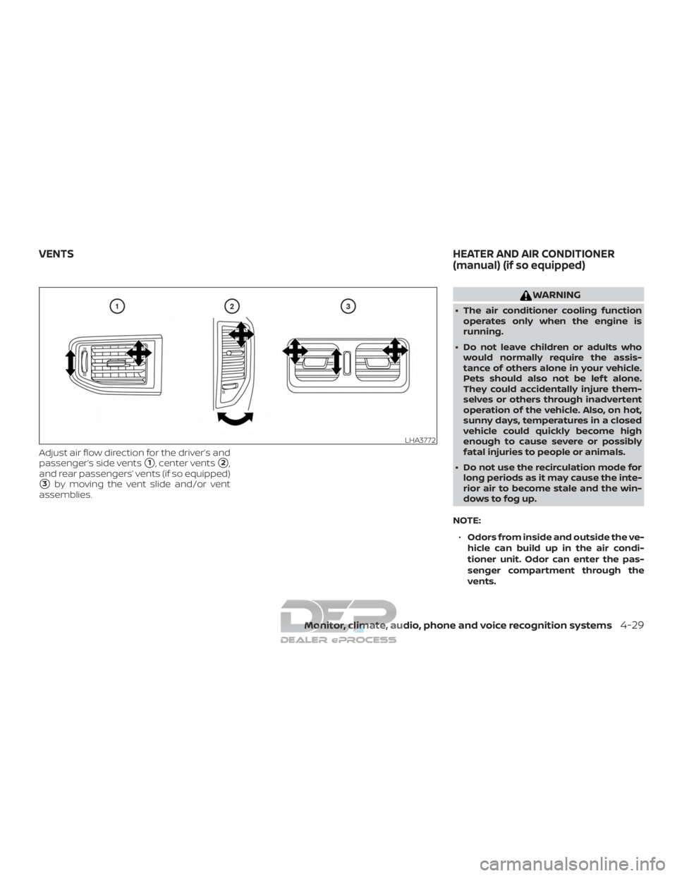 NISSAN TITAN 2019 Owner´s Manual Adjust air flow direction for the driver’s and
passenger’s side vents
1, center vents2,
and rear passengers’ vents (if so equipped)
3by moving the vent slide and/or vent
assemblies.
WARNING
NISSAN TITAN 2019 Owner´s Manual Adjust air flow direction for the driver’s and
passenger’s side vents
1, center vents2,
and rear passengers’ vents (if so equipped)
3by moving the vent slide and/or vent
assemblies.
WARNING