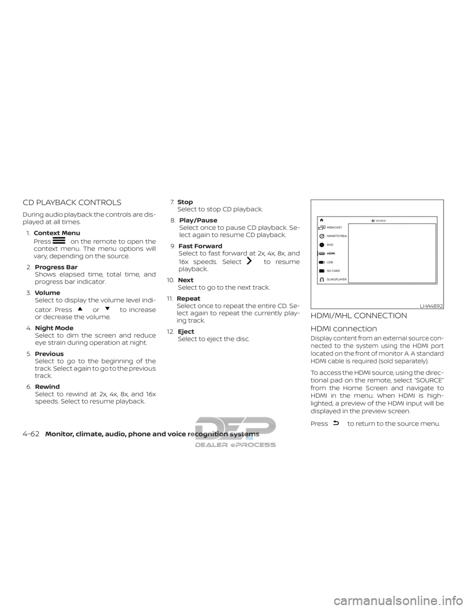 NISSAN TITAN 2019  Owner´s Manual CD PLAYBACK CONTROLS
During audio playback the controls are dis-
played at all times.1. Context Menu
Press
on the remote to open the
context menu. The menu options will
vary, depending on the source.
