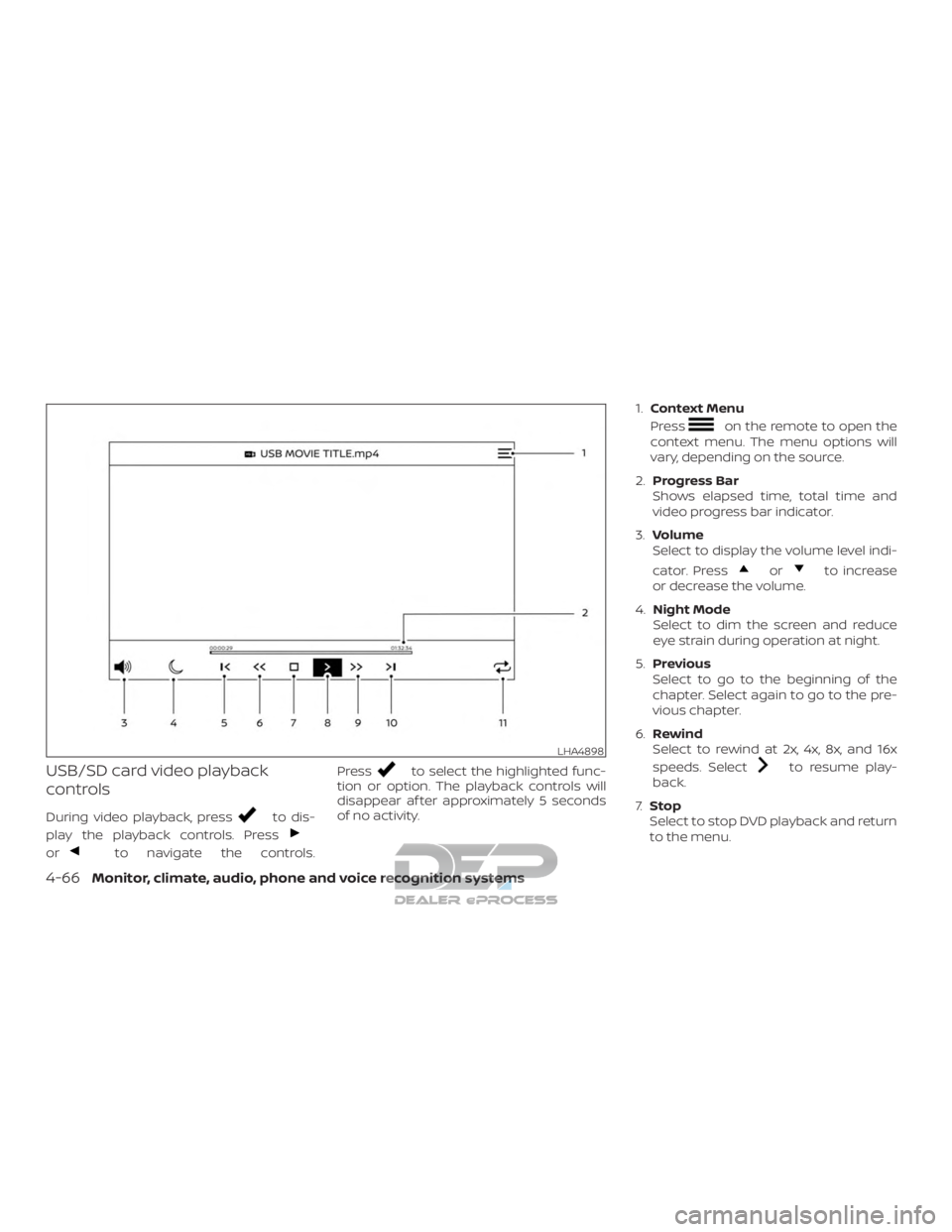 NISSAN TITAN 2019  Owner´s Manual USB/SD card video playback
controls
During video playback, pressto dis-
play the playback controls. Press
orto navigate the controls. Press
to select the highlighted func-
tion or option. The playback