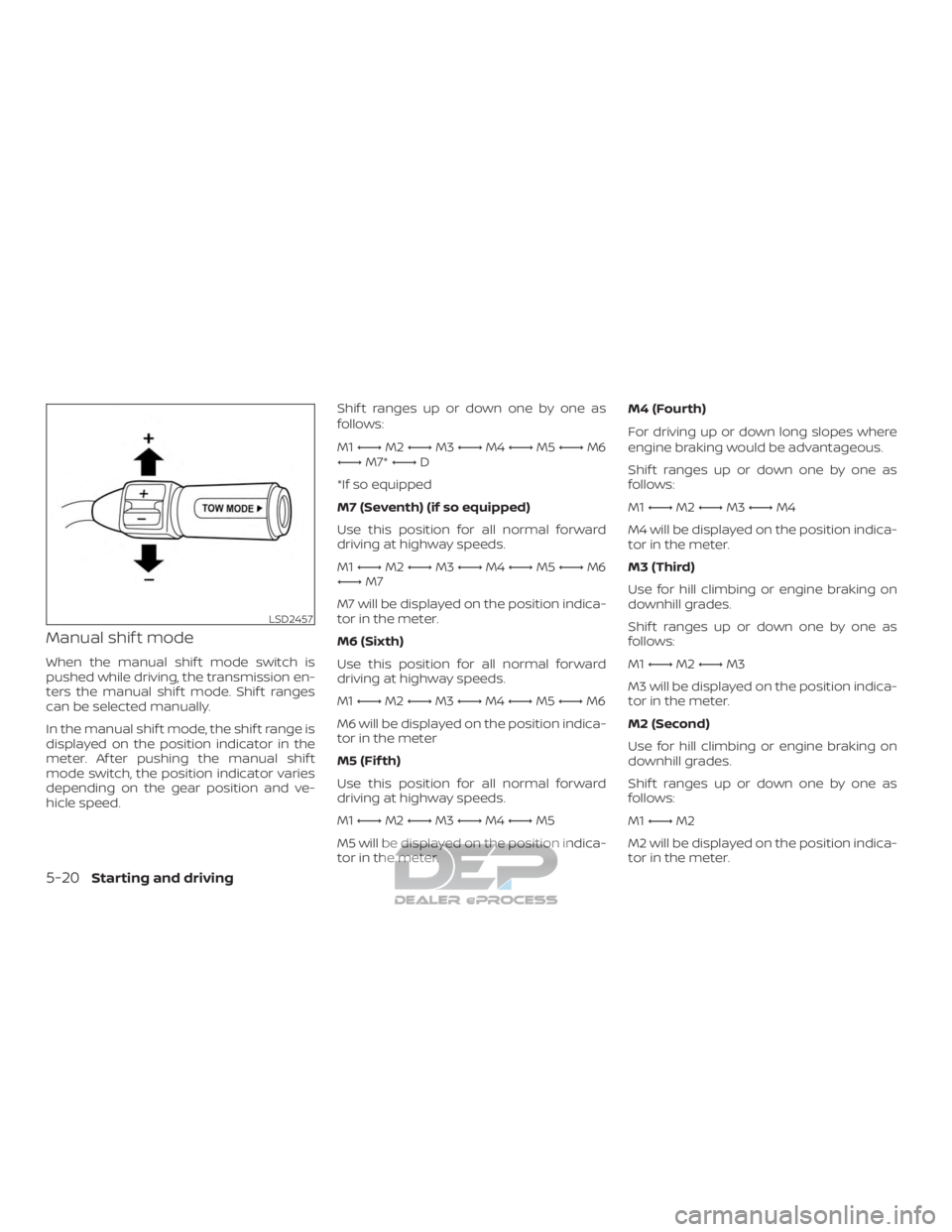 NISSAN TITAN 2019  Owner´s Manual Manual shif t mode
When the manual shif t mode switch is
pushed while driving, the transmission en-
ters the manual shif t mode. Shif t ranges
can be selected manually.
In the manual shif t mode, the 