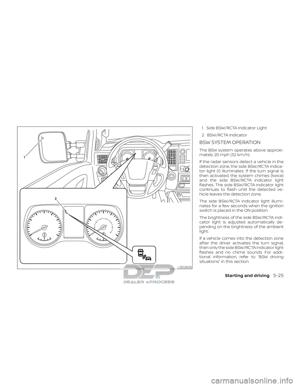 NISSAN TITAN 2019  Owner´s Manual 1. Side BSW/RCTA Indicator Light
2. BSW/RCTA Indicator
BSW SYSTEM OPERATION
The BSW system operates above approxi-
mately 20 mph (32 km/h).
If the radar sensors detect a vehicle in the
detection zone,