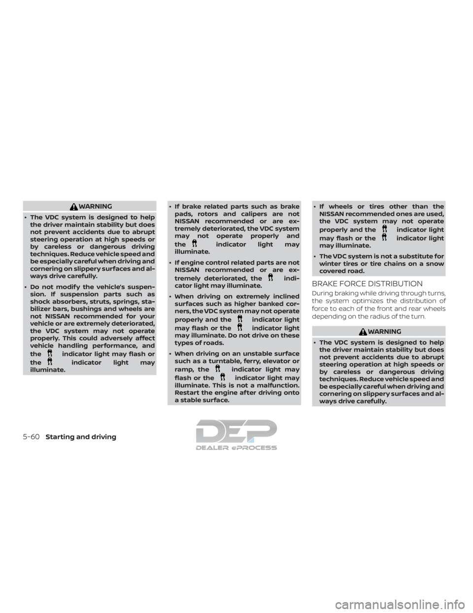 NISSAN TITAN 2019 Owner´s Manual WARNING
∙ The VDC system is designed to helpthe driver maintain stability but does
not prevent accidents due to abrupt
steering operation at high speeds or
by careless or dangerous driving
technique NISSAN TITAN 2019 Owner´s Manual WARNING
∙ The VDC system is designed to helpthe driver maintain stability but does
not prevent accidents due to abrupt
steering operation at high speeds or
by careless or dangerous driving
technique