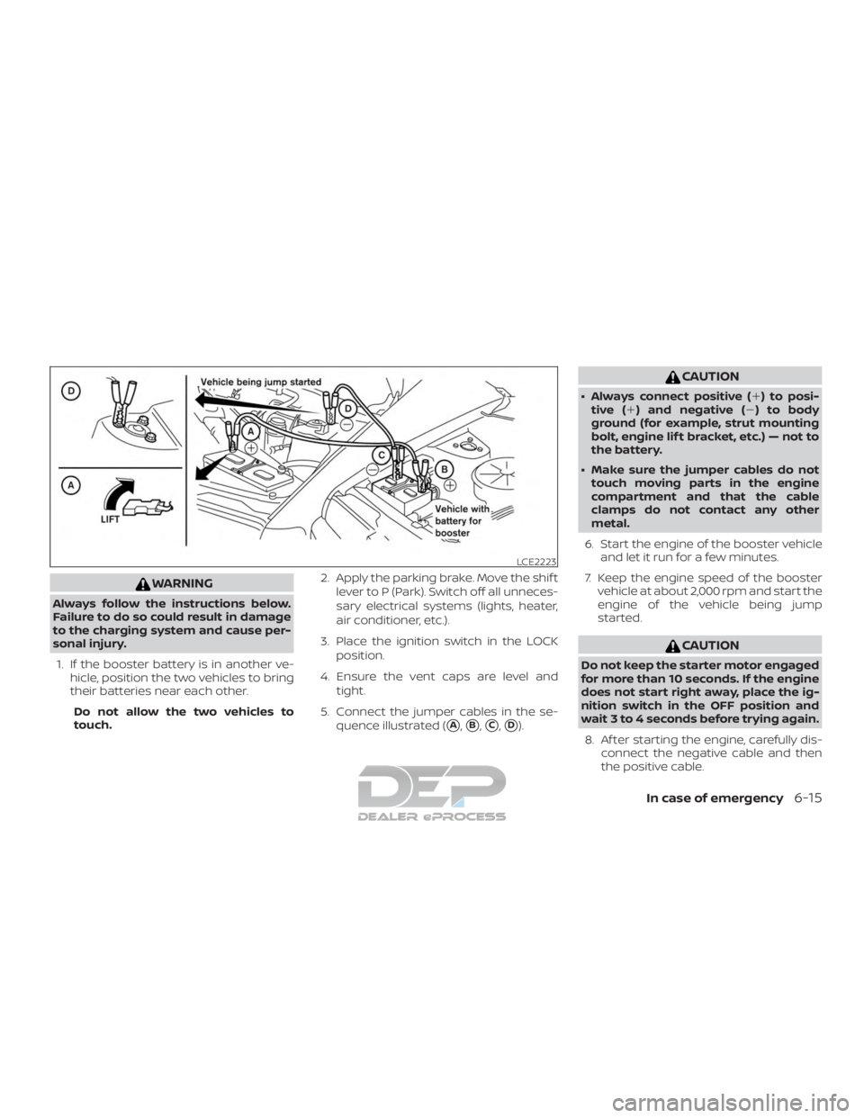 NISSAN TITAN 2019 Owner´s Manual WARNING
Always follow the instructions below.
Failure to do so could result in damage
to the charging system and cause per-
sonal injury.1. If the booster battery is in another ve- hicle, position the NISSAN TITAN 2019 Owner´s Manual WARNING
Always follow the instructions below.
Failure to do so could result in damage
to the charging system and cause per-
sonal injury.1. If the booster battery is in another ve- hicle, position the