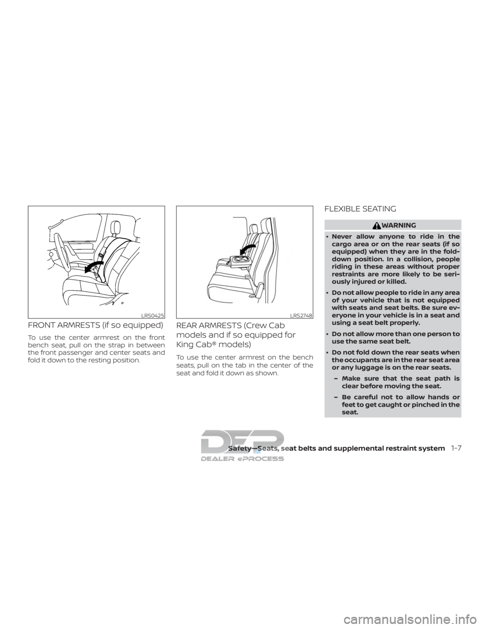 NISSAN TITAN 2019 Owner´s Manual FRONT ARMRESTS (if so equipped)
To use the center armrest on the front
bench seat, pull on the strap in between
the front passenger and center seats and
fold it down to the resting position.
REAR ARMR NISSAN TITAN 2019 Owner´s Manual FRONT ARMRESTS (if so equipped)
To use the center armrest on the front
bench seat, pull on the strap in between
the front passenger and center seats and
fold it down to the resting position.
REAR ARMR