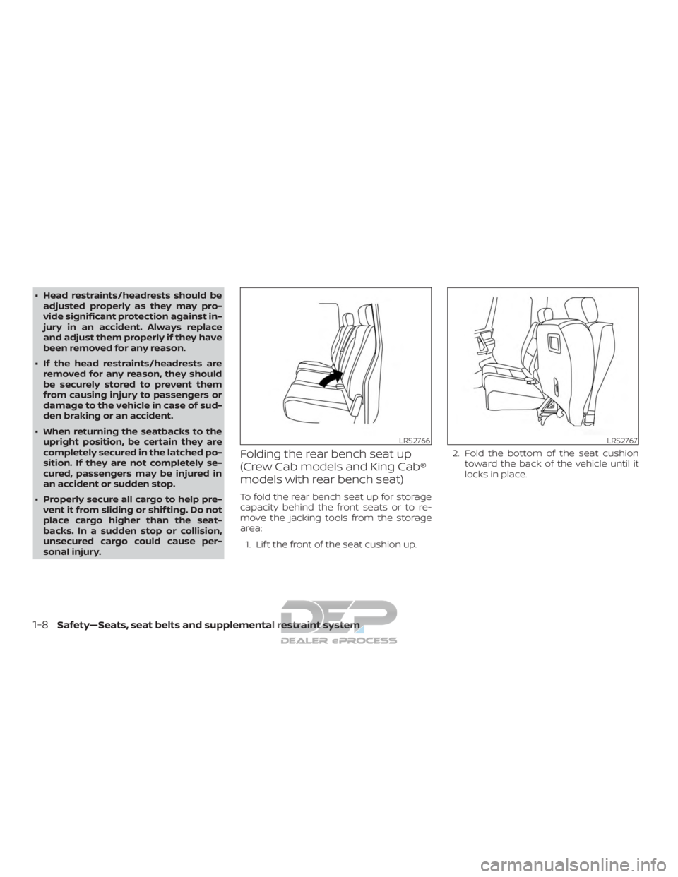 NISSAN TITAN 2019 Owner´s Manual ∙ Head restraints/headrests should beadjusted properly as they may pro-
vide significant protection against in-
jury in an accident. Always replace
and adjust them properly if they have
been removed NISSAN TITAN 2019 Owner´s Manual ∙ Head restraints/headrests should beadjusted properly as they may pro-
vide significant protection against in-
jury in an accident. Always replace
and adjust them properly if they have
been removed