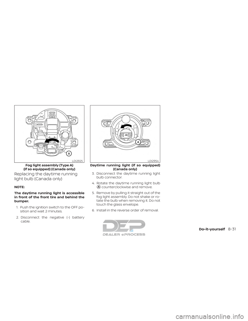 NISSAN TITAN 2019  Owner´s Manual Replacing the daytime running
light bulb (Canada only)
NOTE:
The daytime running light is accessible
in front of the front tire and behind the
bumper.1. Push the ignition switch to the OFF po- sition 