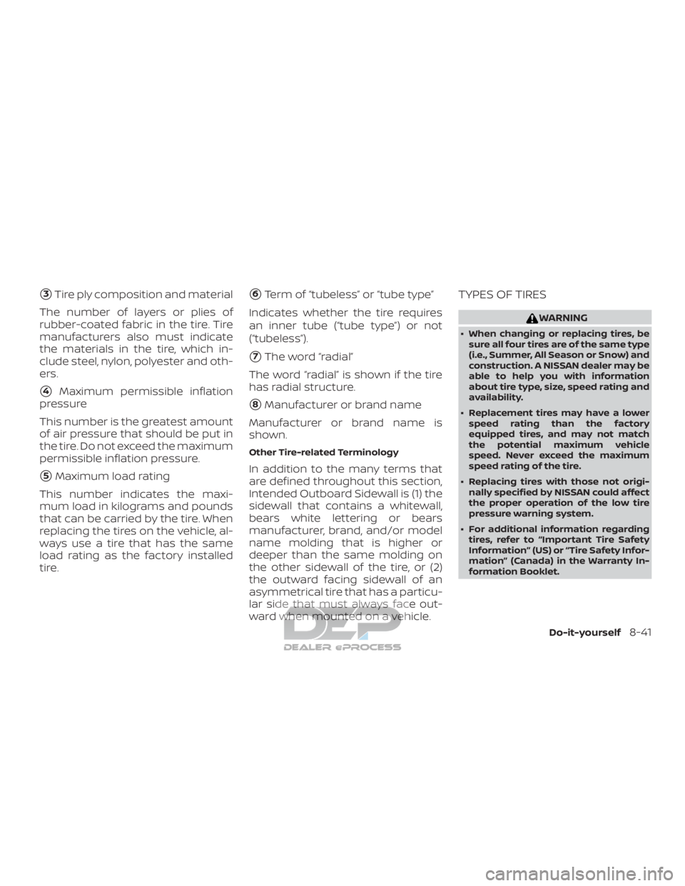 NISSAN TITAN 2019 Owner´s Manual 3Tire ply composition and material
The number of layers or plies of
rubber-coated fabric in the tire. Tire
manufacturers also must indicate
the materials in the tire, which in-
clude steel, nylon, po NISSAN TITAN 2019 Owner´s Manual 3Tire ply composition and material
The number of layers or plies of
rubber-coated fabric in the tire. Tire
manufacturers also must indicate
the materials in the tire, which in-
clude steel, nylon, po
