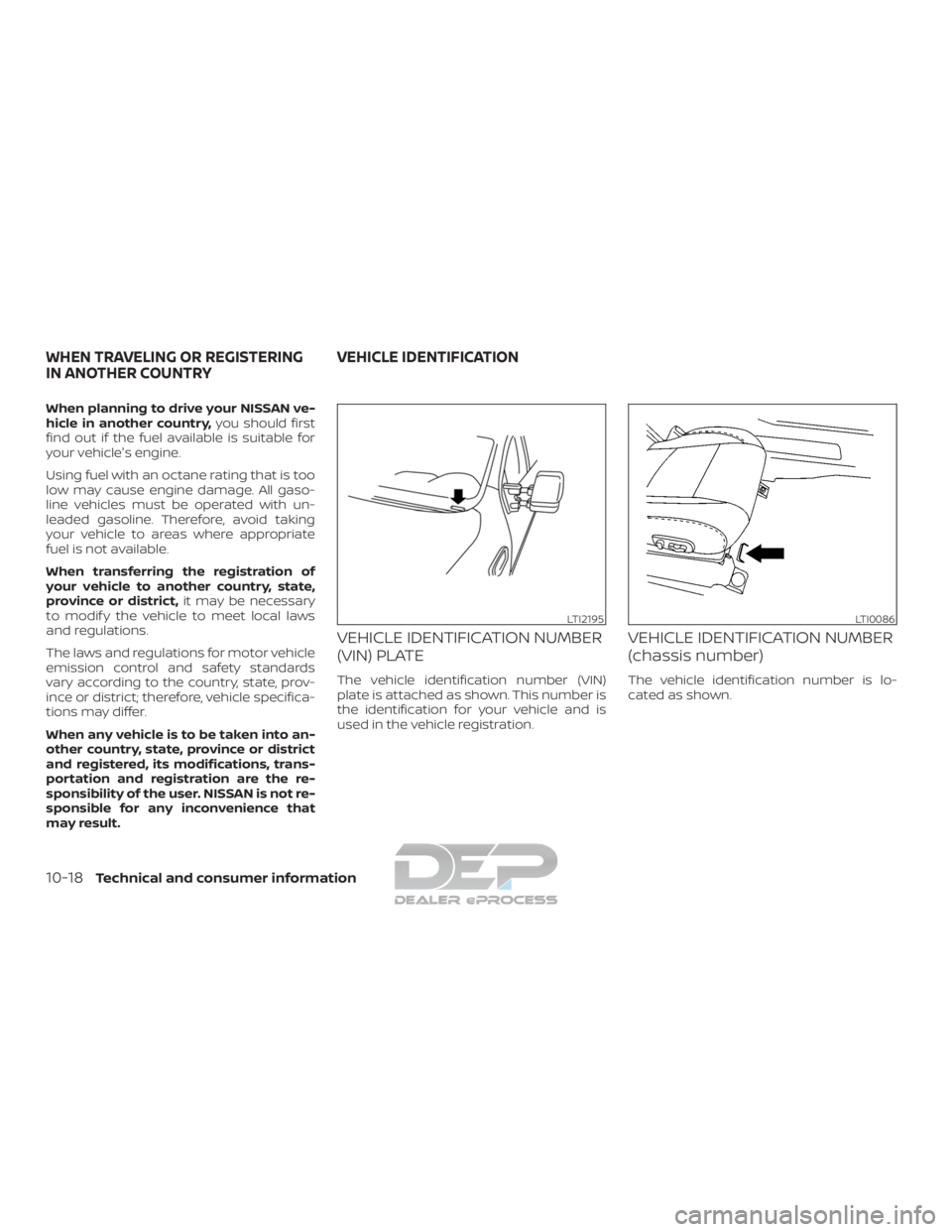 NISSAN TITAN 2019 Owner´s Manual When planning to drive your NISSAN ve-
hicle in another country,you should first
find out if the fuel available is suitable for
your vehicle's engine.
Using fuel with an octane rating that is too
NISSAN TITAN 2019 Owner´s Manual When planning to drive your NISSAN ve-
hicle in another country,you should first
find out if the fuel available is suitable for
your vehicle's engine.
Using fuel with an octane rating that is too