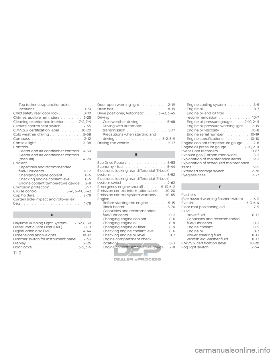 NISSAN TITAN 2019  Owner´s Manual Top tether strap anchor point
locations...................1-31
Child safety rear door lock ..........3-10
Chimes, audible reminders .........2-25
Cleaningexteriorandinterior......7-2,7-4
Climatecontro