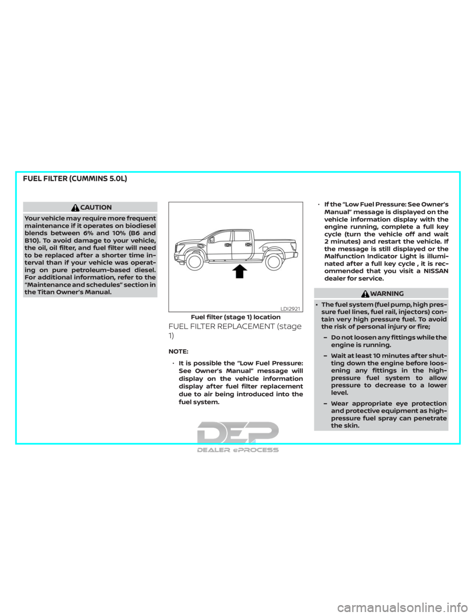 NISSAN TITAN 2019  Owner´s Manual CAUTION
Your vehicle may require more frequent
maintenance if it operates on biodiesel
blends between 6% and 10% (B6 and
B10). To avoid damage to your vehicle,
the oil, oil filter, and fuel filter wil