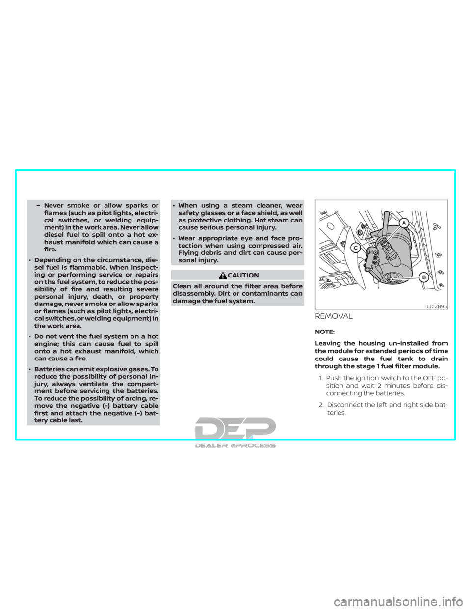 NISSAN TITAN 2019  Owner´s Manual – Never smoke or allow sparks orflames (such as pilot lights, electri-
cal switches, or welding equip-
ment) in the work area. Never allow
diesel fuel to spill onto a hot ex-
haust manifold which ca