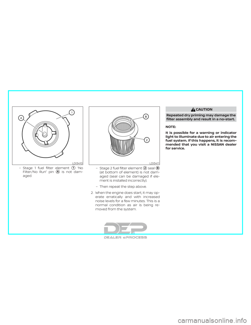NISSAN TITAN 2019  Owner´s Manual – Stage 1 fuel filter element1“No
Filter/No Run” pin
Ais not dam-
aged. – Stage 2 fuel filter element2sealB
(at bottom of element) is not dam-
aged (seal can be damaged if ele-
ment is ins