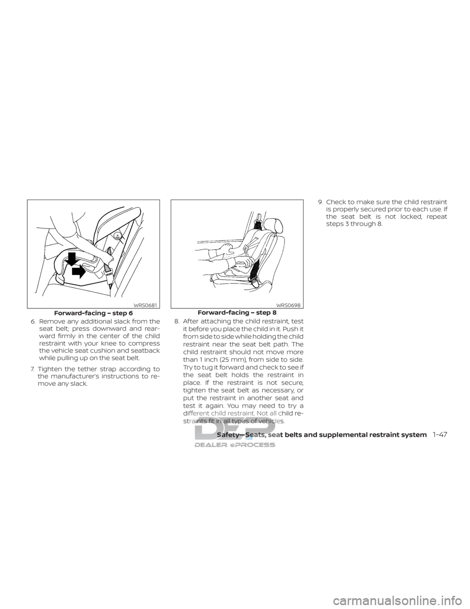 NISSAN TITAN 2019 Owner´s Manual 6. Remove any additional slack from theseat belt; press downward and rear-
ward firmly in the center of the child
restraint with your knee to compress
the vehicle seat cushion and seatback
while pulli NISSAN TITAN 2019 Owner´s Manual 6. Remove any additional slack from theseat belt; press downward and rear-
ward firmly in the center of the child
restraint with your knee to compress
the vehicle seat cushion and seatback
while pulli
