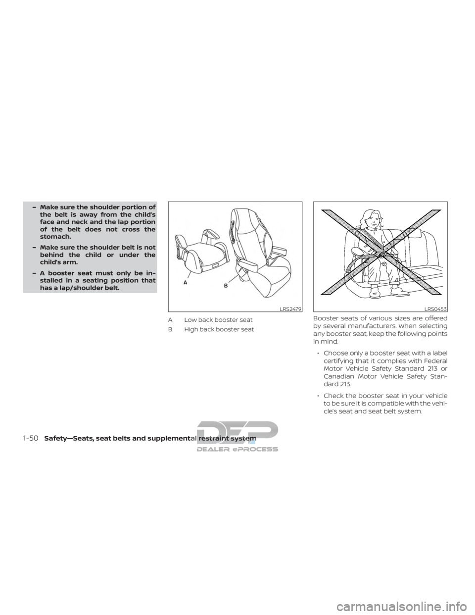 NISSAN TITAN 2019  Owner´s Manual – Make sure the shoulder portion ofthe belt is away from the child’s
face and neck and the lap portion
of the belt does not cross the
stomach.
– Make sure the shoulder belt is not behind the chi