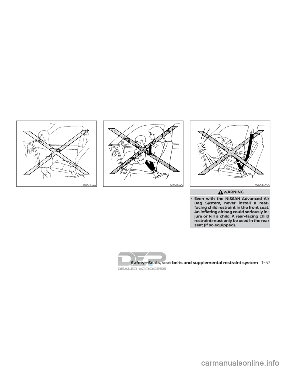 NISSAN TITAN 2019  Owner´s Manual WARNING
∙ Even with the NISSAN Advanced AirBag System, never install a rear-
facing child restraint in the front seat.
An inflating air bag could seriously in-
jure or kill a child. A rear-facing ch