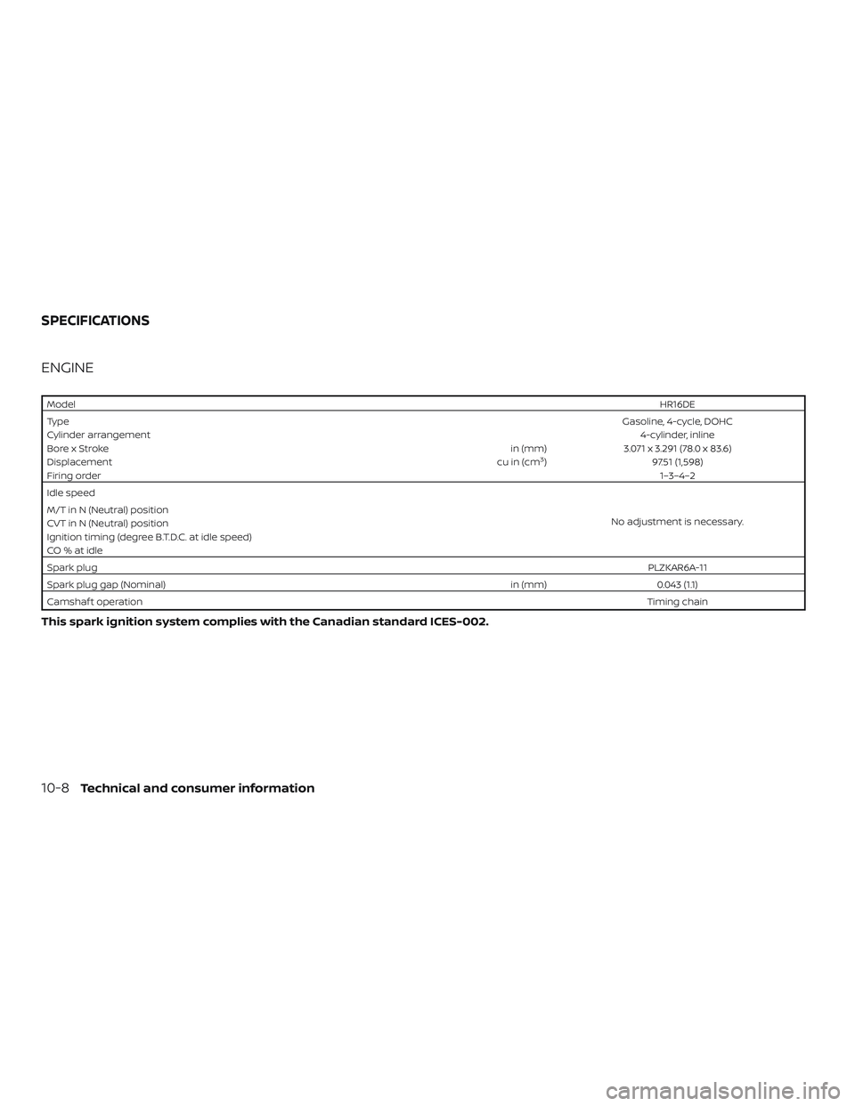 NISSAN VERSA SEDAN 2019  Owner´s Manual ENGINE
ModelHR16DE
Type Gasoline, 4-cycle, DOHC
Cylinder arrangement 4-cylinder, inline
Bore x Stroke in (mm)3.071 x 3.291 (78.0 x 83.6)
Displacement cu in (cm
3)97.51 (1,598)
Firing order 1–3–4