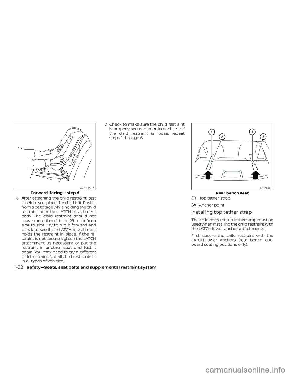 NISSAN VERSA SEDAN 2019 Owner´s Manual 6. Af ter attaching the child restraint, testit before you place the child in it. Push it
from side to side while holding the child
restraint near the LATCH attachment
path. The child restraint should NISSAN VERSA SEDAN 2019 Owner´s Manual 6. Af ter attaching the child restraint, testit before you place the child in it. Push it
from side to side while holding the child
restraint near the LATCH attachment
path. The child restraint should