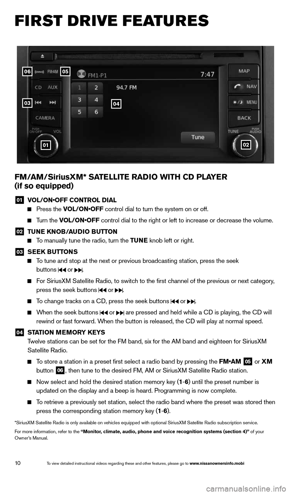 NISSAN VERSA SEDAN 2014 2.G Quick Reference Guide 10
first drive features
FM/ aM/SiriusXM* Sa TelliTe raDio wiTh CD Pla Yer  
(if so equipped)
01  VOL/ON•OFF CONTROL DIAL
 
   Press the VOL/ON•OFF control dial to turn the system on or off.
 
  Tu