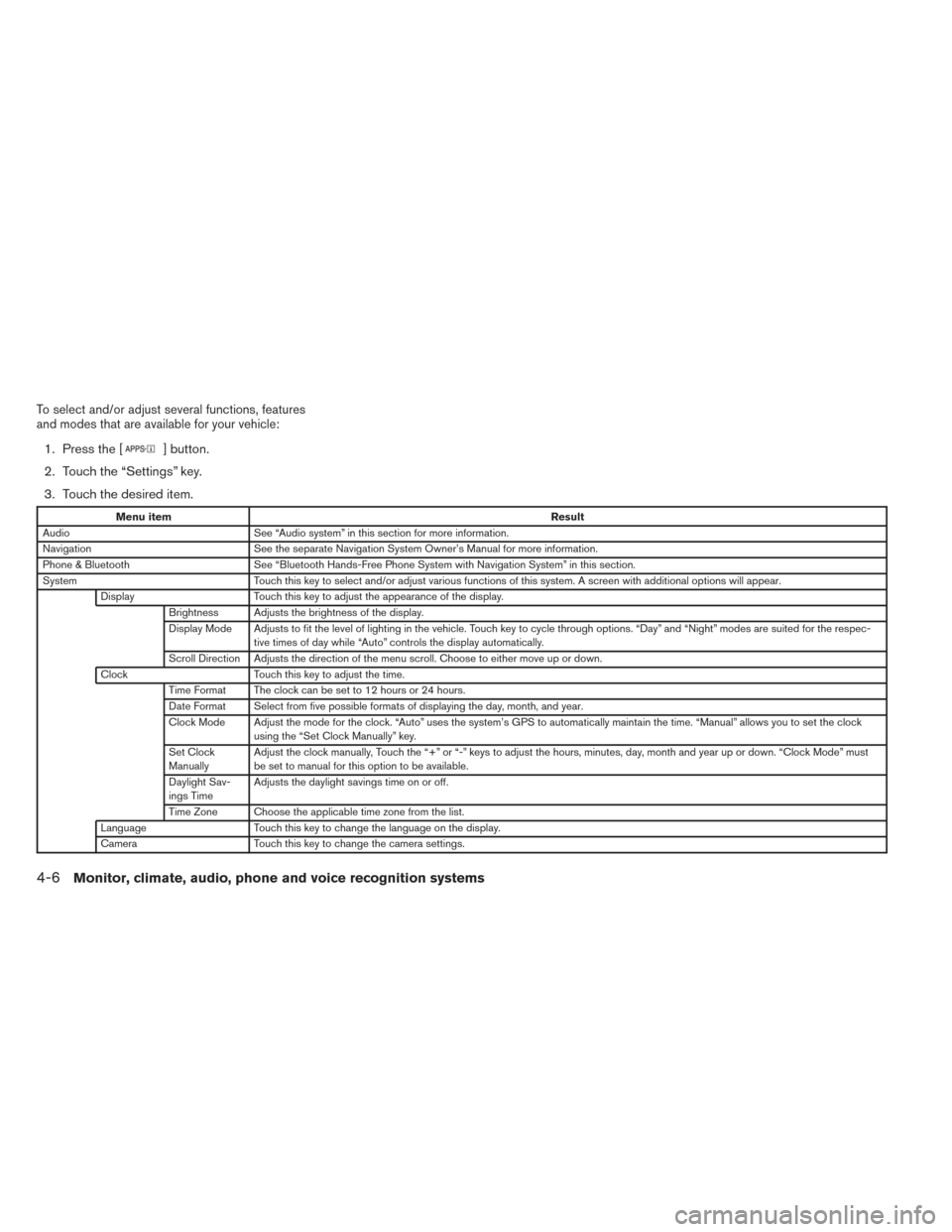 NISSAN XTERRA 2014 N50 / 2.G Owners Manual To select and/or adjust several functions, features
and modes that are available for your vehicle:
1. Press the [] button.
2. Touch the “Settings” key.
3. Touch the desired item.
Menu item Result
