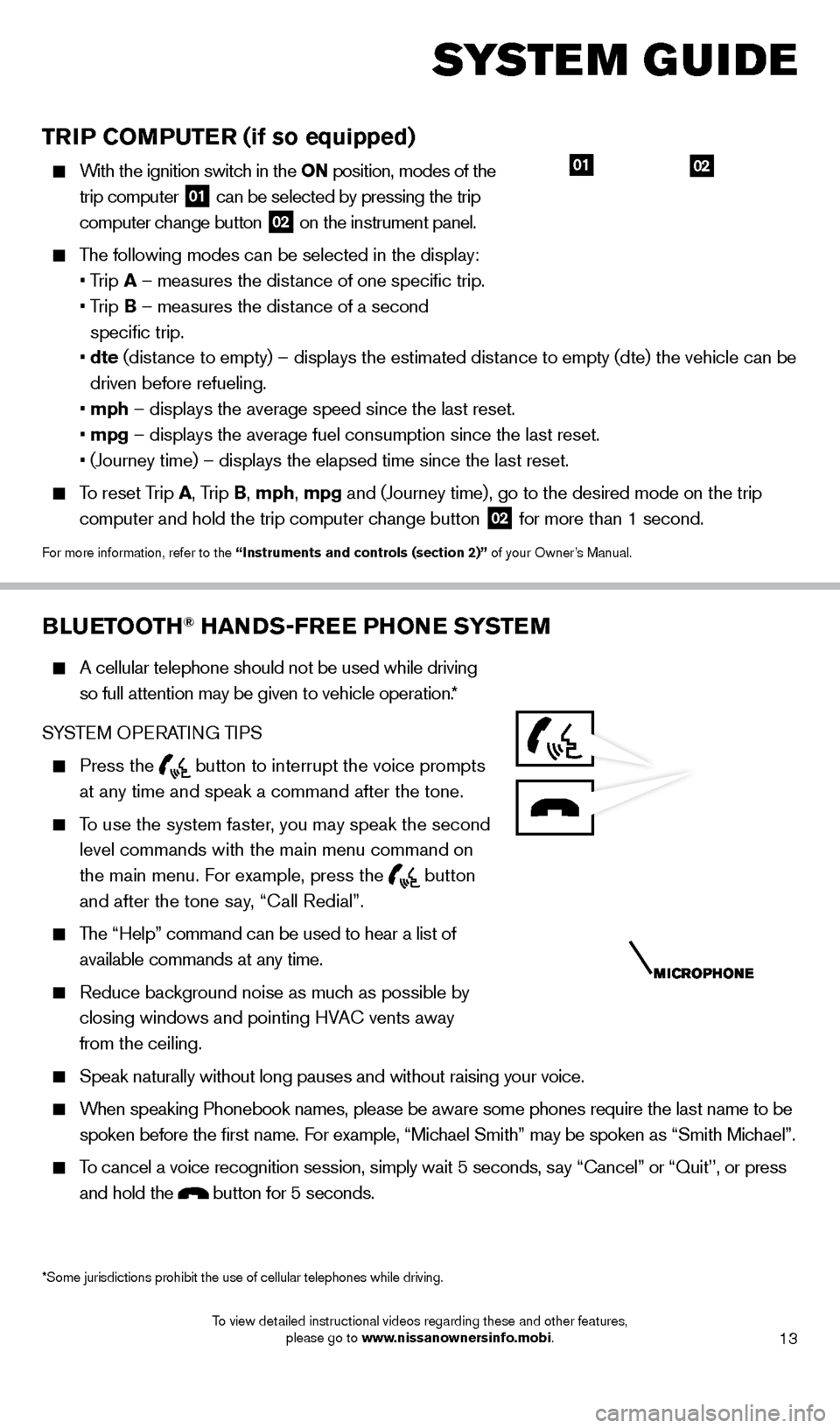 NISSAN XTERRA 2014 N50 / 2.G Quick Reference Guide 13
TRIP COMPUTER (if so equipped)
With the ignition switch in the ON position, modes of the trip computer
01 can be selected by pressing the trip
computer change button 02 on the instrument p NISSAN XTERRA 2014 N50 / 2.G Quick Reference Guide 13
TRIP COMPUTER (if so equipped)
With the ignition switch in the ON position, modes of the trip computer
01 can be selected by pressing the trip
computer change button 02 on the instrument p
