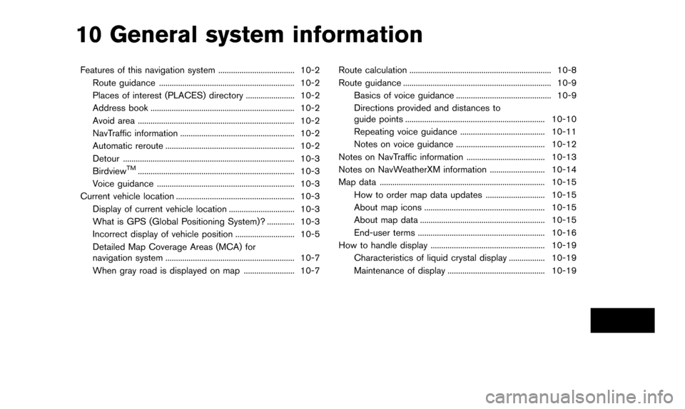NISSAN ALTIMA 2015 L33 / 5.G 08IT Navigation Manual 10 General system information
Features of this navigation system .................................... 10-2Route guidance ................................................................ 10-2
Places of