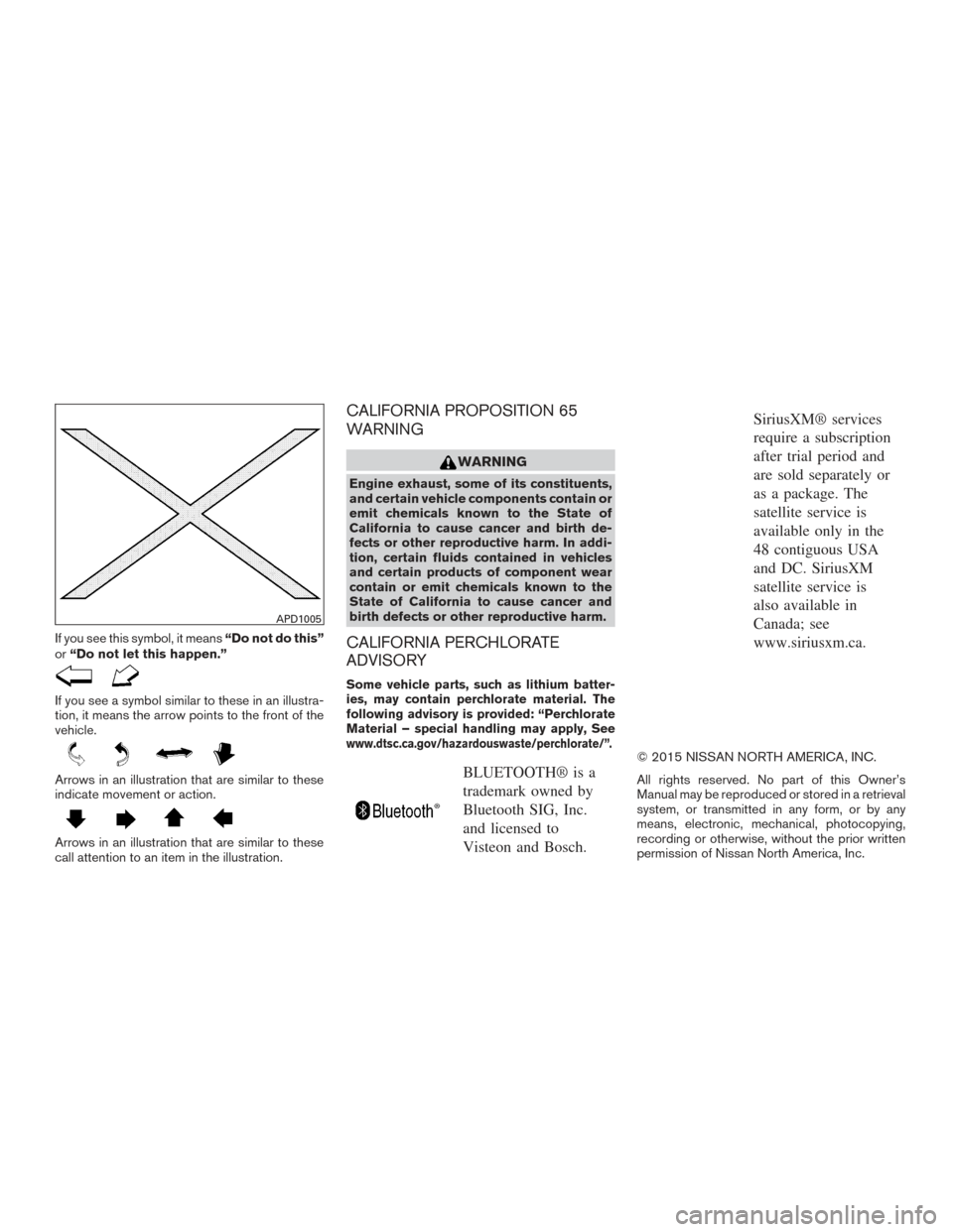 NISSAN ALTIMA 2015 L33 / 5.G Owners Manual If you see this symbol, it means“Do not do this”
or “Do not let this happen.”
If you see a symbol similar to these in an illustra-
tion, it means the arrow points to the front of the
vehicle.
