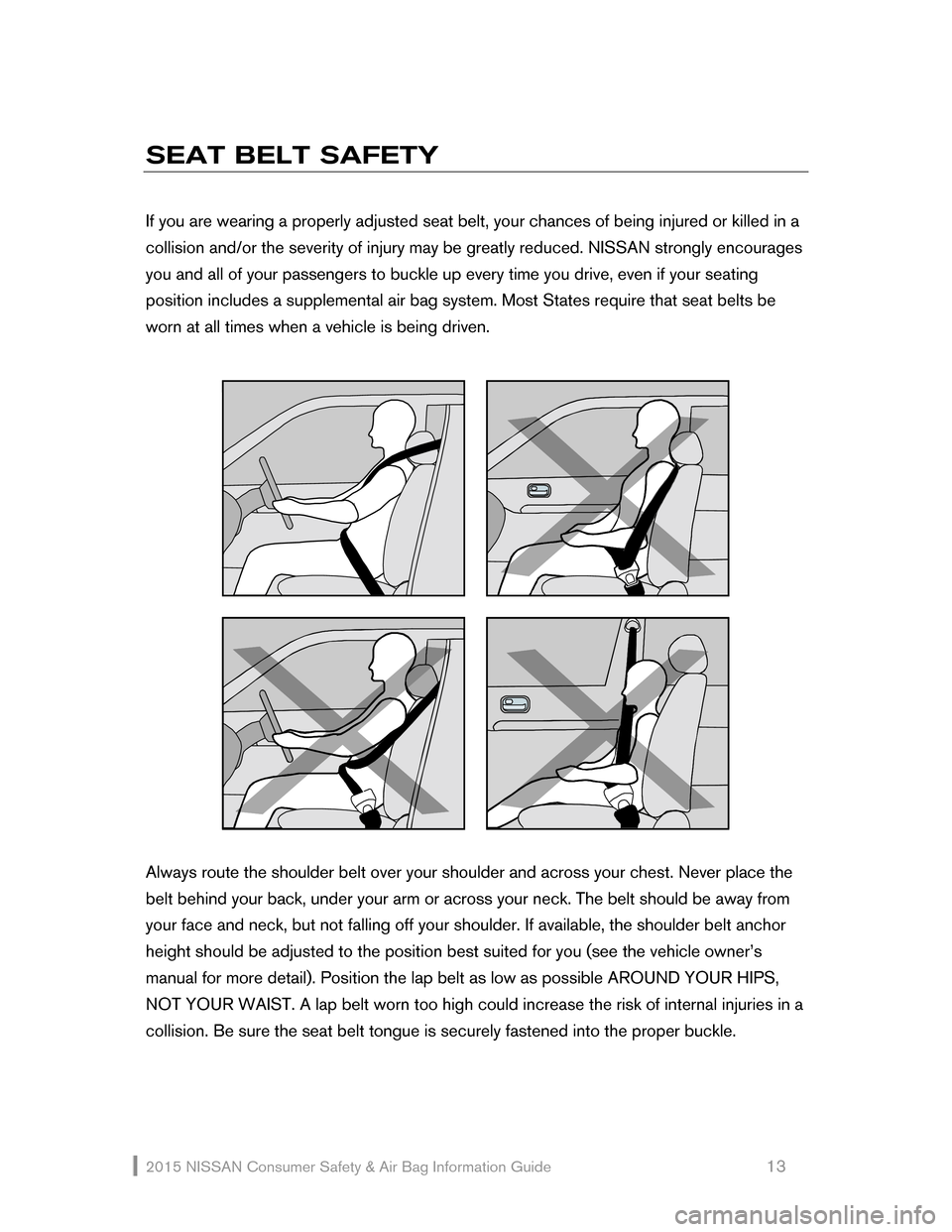 NISSAN GT-R 2015 R35 Consumer Safety Air Bag Information Guide 2015 NI\f\fAN Consumer \fafety & Air Bag Information Guide 1\b
SEAT BELT SAFETY
If you are wearing a properly adjust ed seat belt, your chanc NISSAN GT-R 2015 R35 Consumer Safety Air Bag Information Guide 2015 NI\f\fAN Consumer \fafety & Air Bag Information Guide 1\b
SEAT BELT SAFETY
If you are wearing a properly adjust ed seat belt, your chanc