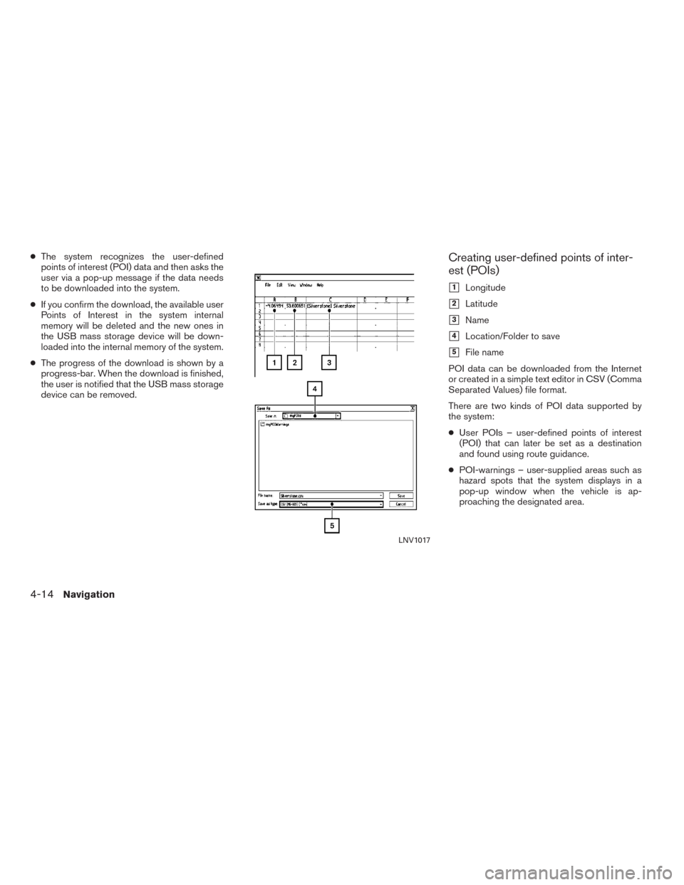 NISSAN ALTIMA 2015 L33 / 5.G LC2 Kai Navigation Manual ●The system recognizes the user-defined
points of interest (POI) data and then asks the
user via a pop-up message if the data needs
to be downloaded into the system.
●If you confirm the download, 
