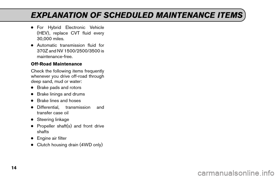 NISSAN GT-R 2015 R35 Service And Maintenance Guide ●For Hybrid Electronic Vehicle
(HEV) , replace CVT fluid every
30,000 miles.
●Automatic transmission fluid for
370Z and NV 1500/2500/3500 is
maintenance-free.
Off-Road Maintenance
Check the follow