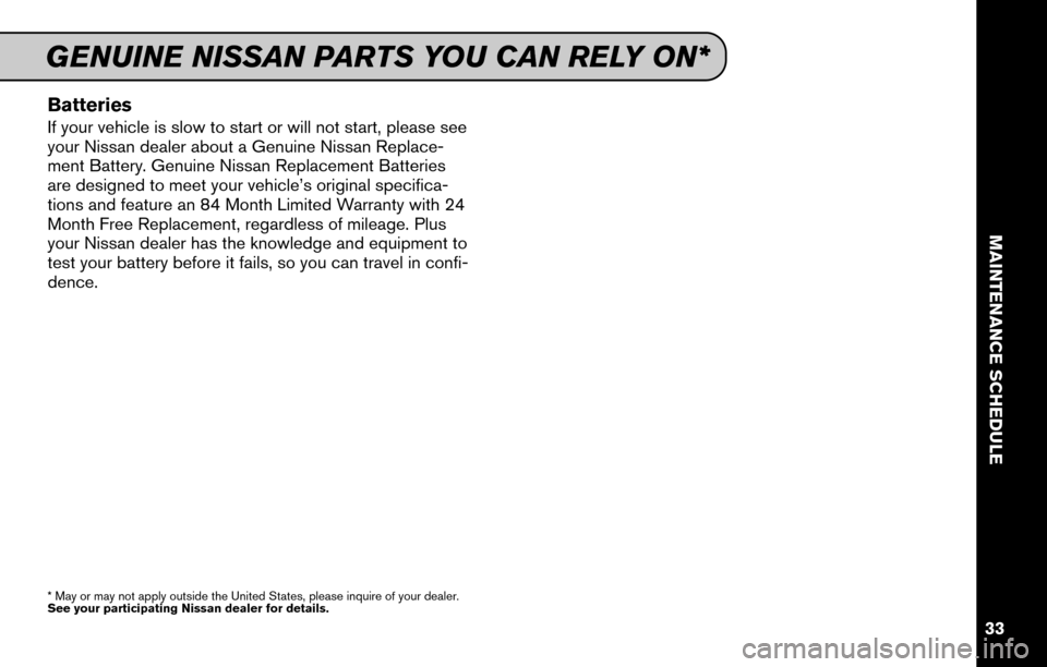 NISSAN GT-R 2015 R35 Service And Maintenance Guide Batteries
If your vehicle is slow to start or will not start, please see
your Nissan dealer about a Genuine Nissan Replace-
ment Battery. Genuine Nissan Replacement Batteries
are designed to meet your