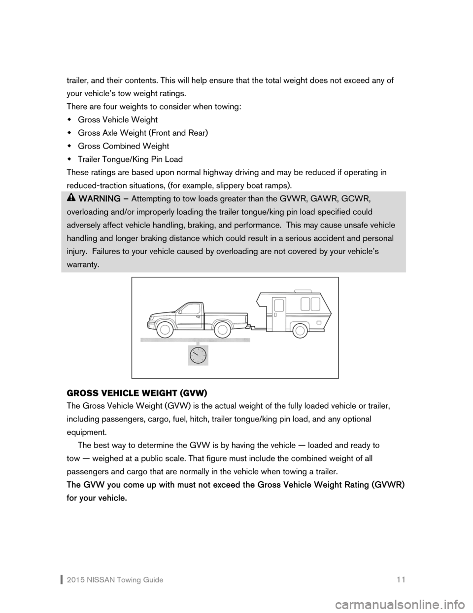 NISSAN XTERRA 2015 N50 / 2.G Towing Guide 2015 NISSAN Towing Guide 11
trailer, and their contents. This will help ensure that the total weight does not exceed any of
your vehicle’s tow weight ratings.
There are four weights to consid NISSAN XTERRA 2015 N50 / 2.G Towing Guide 2015 NISSAN Towing Guide 11
trailer, and their contents. This will help ensure that the total weight does not exceed any of
your vehicle’s tow weight ratings.
There are four weights to consid