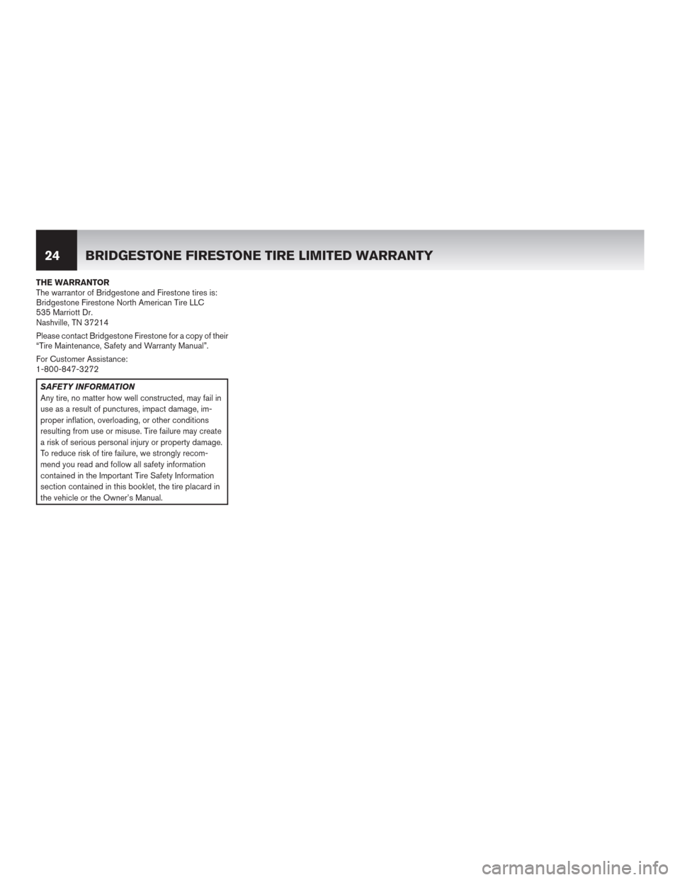 NISSAN XTERRA 2015 N50 / 2.G Warranty Booklet THE WARRANTOR
The warrantor of Bridgestone and Firestone tires is:
Bridgestone Firestone North American Tire LLC
535 Marriott Dr.
Nashville, TN 37214
Please contact Bridgestone Firestone for a copy of