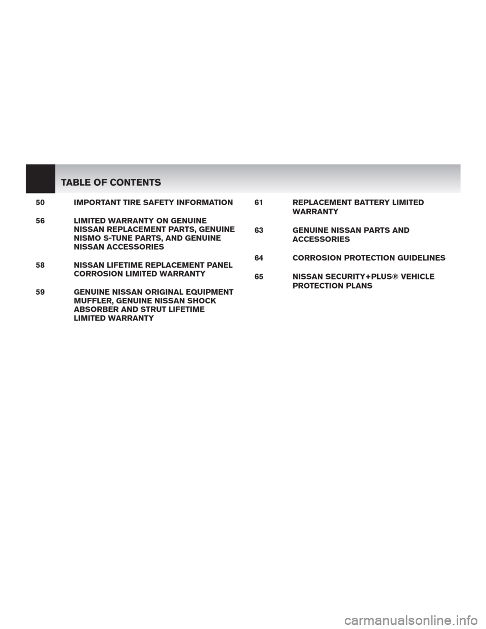 NISSAN ROGUE SELECT 2015 2.G Warranty Booklet 50 IMPORTANT TIRE SAFETY INFORMATION
56 LIMITED WARRANTY ON GENUINE
NISSAN REPLACEMENT PARTS, GENUINE
NISMO S-TUNE PARTS, AND GENUINE
NISSAN ACCESSORIES
58 NISSAN LIFETIME REPLACEMENT PANEL
CORROSION 