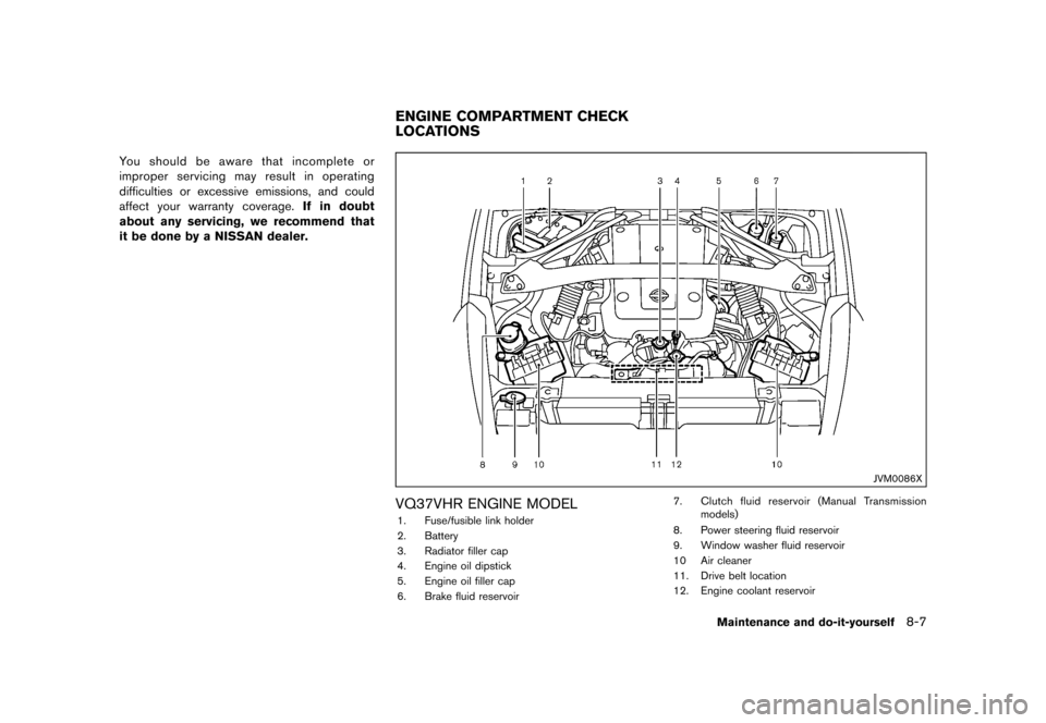 NISSAN 370Z COUPE 2015 Z34 Owners Manual �������
�> �(�G�L�W� ����� �� �� �0�R�G�H�O� �=���� �@
You should be aware that incomplete or
improper servicing may result in operating
difficulties or excessive emissions, and 