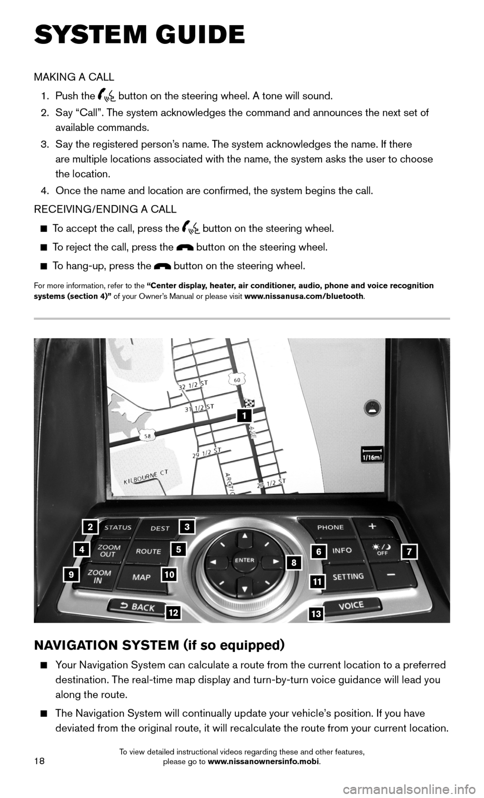 NISSAN 370Z COUPE 2015 Z34 Quick Reference Guide 18
1
23
4567891011
1213
NAVIGATION SYSTEM (if so equipped)
Your Navigation System can calculate a route from the current location to a preferred
destination. The real-time map display and turn-b NISSAN 370Z COUPE 2015 Z34 Quick Reference Guide 18
1
23
4567891011
1213
NAVIGATION SYSTEM (if so equipped)
Your Navigation System can calculate a route from the current location to a preferred
destination. The real-time map display and turn-b