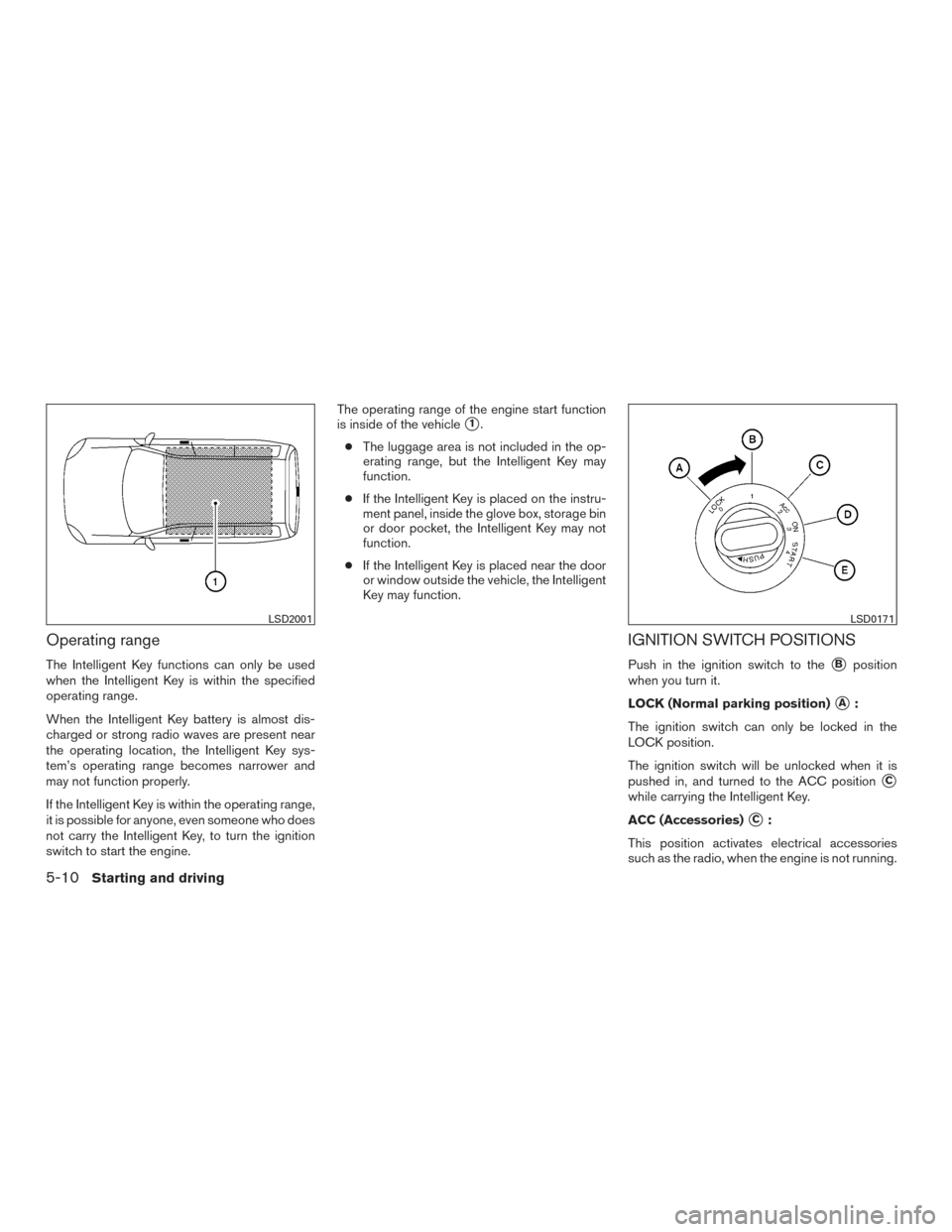 NISSAN ARMADA 2015 1.G Owners Manual Operating range
The Intelligent Key functions can only be used
when the Intelligent Key is within the specified
operating range.
When the Intelligent Key battery is almost dis-
charged or strong radio NISSAN ARMADA 2015 1.G Owners Manual Operating range
The Intelligent Key functions can only be used
when the Intelligent Key is within the specified
operating range.
When the Intelligent Key battery is almost dis-
charged or strong radio