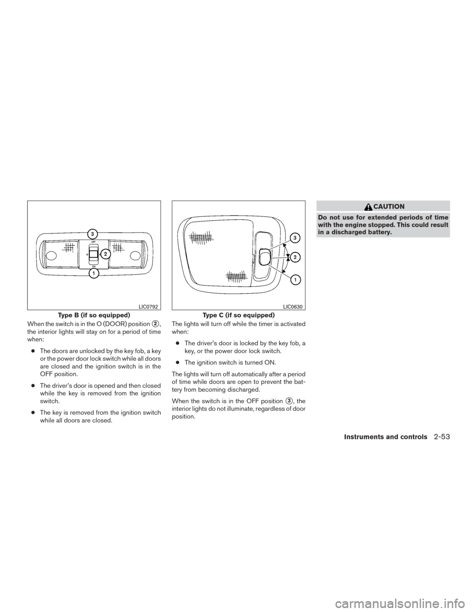 NISSAN FRONTIER 2015 D23 / 3.G Owners Manual When the switch is in the O (DOOR) position2,
the interior lights will stay on for a period of time
when:
● The doors are unlocked by the key fob, a key
or the power door lock switch while all door NISSAN FRONTIER 2015 D23 / 3.G Owners Manual When the switch is in the O (DOOR) position2,
the interior lights will stay on for a period of time
when:
● The doors are unlocked by the key fob, a key
or the power door lock switch while all door