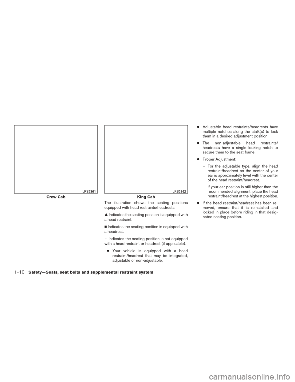 NISSAN FRONTIER 2015 D23 / 3.G Owners Manual The illustration shows the seating positions
equipped with head restraints/headrests.
Indicates the seating position is equipped with
a head restraint.
Indicates the seating position is equipped wi NISSAN FRONTIER 2015 D23 / 3.G Owners Manual The illustration shows the seating positions
equipped with head restraints/headrests.
Indicates the seating position is equipped with
a head restraint.
Indicates the seating position is equipped wi